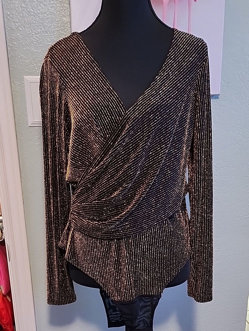 Metallic Black Wrap-Style Long Sleeve One Piece